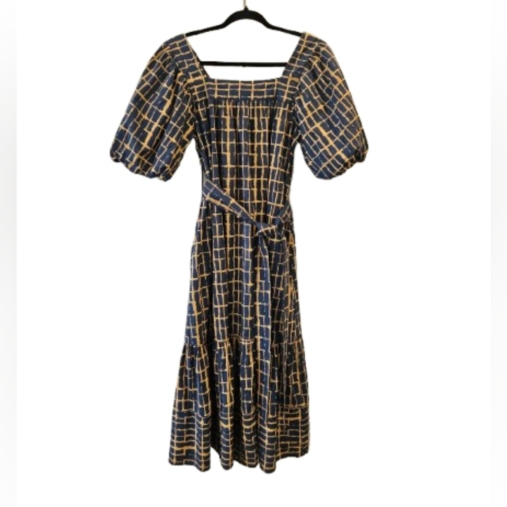 Olivia James The Label Anthropologie Puff Sleeve Midi Dress Blue Gold Cotton